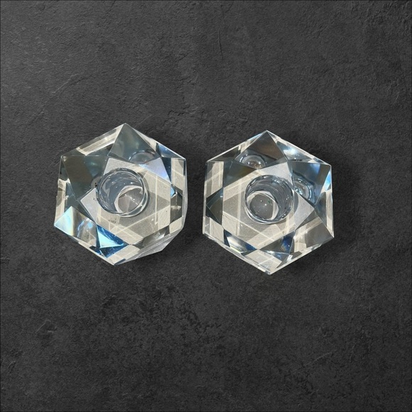 VTG 1950s Set of 2 Candleholders Hand Cut Crystal Glass Geometric Japan 2”x3” - Picture 4 of 13